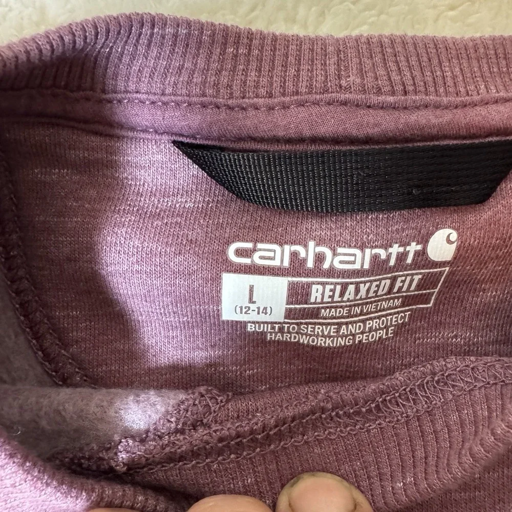 Carhartt Girls L 12-14 Relaxed Fit Sweatshirt Purple Logo Sleeve Crewneck